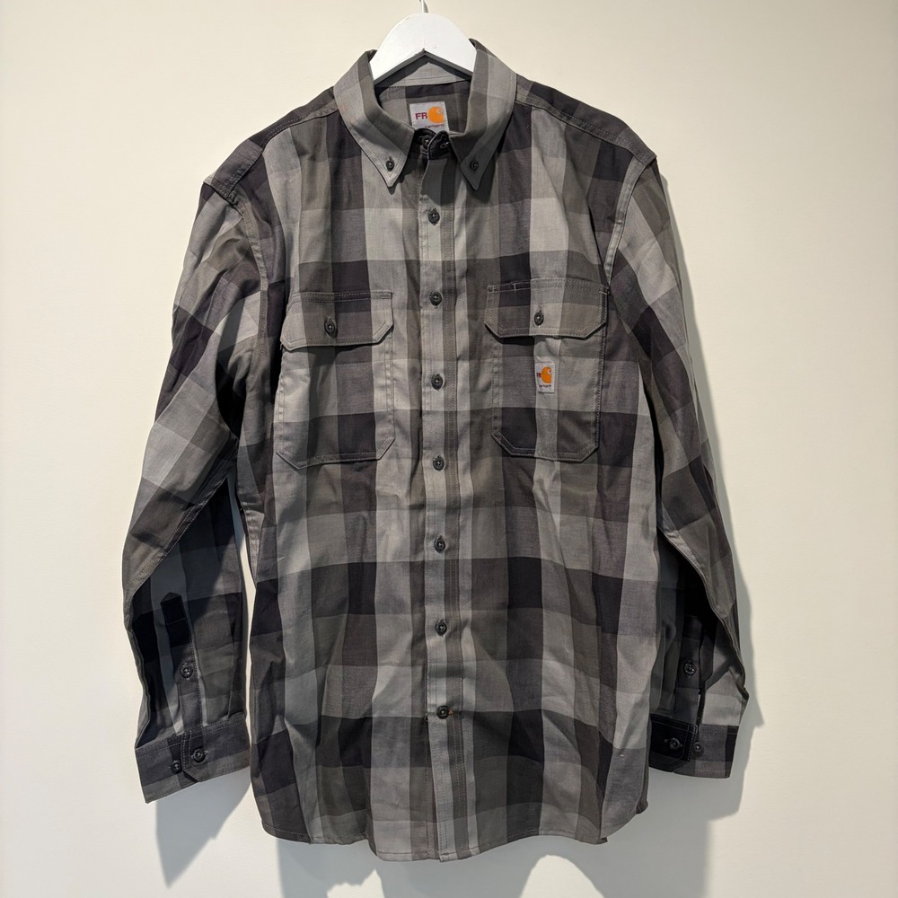 Carhartt FR Flame Resistant Plaid Work Shirt Mens Large Grey 104507 CAT 2